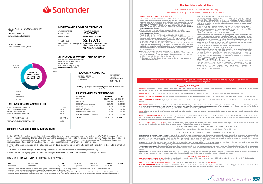 Download USA Santander Bank mortgage loan statement in Word and PDF formats (2) Photoshop template